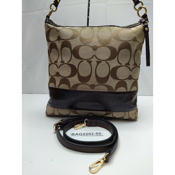 Coach Signature Brown Canvas Leather Trim Zipper Crossbody Shoulder Bag - Picture 2 of 14